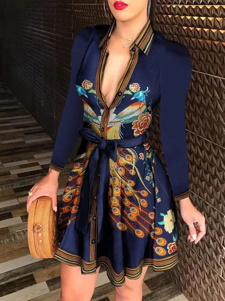 Sexy Deep V-neck Party Dresses Long Sleeve A Line Casual Dress