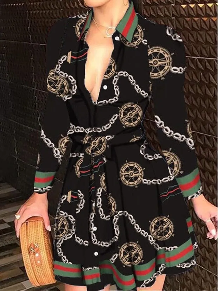 Sexy Deep V-neck Party Dresses Long Sleeve A Line Casual Dress