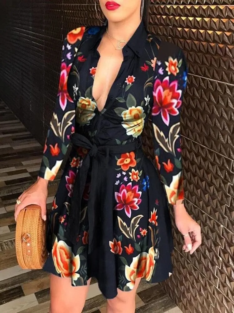Sexy Deep V-neck Party Dresses Long Sleeve A Line Casual Dress