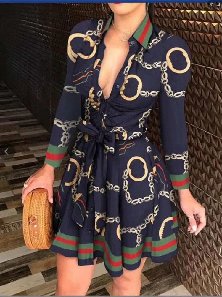 Sexy Deep V-neck Party Dresses Long Sleeve A Line Casual Dress