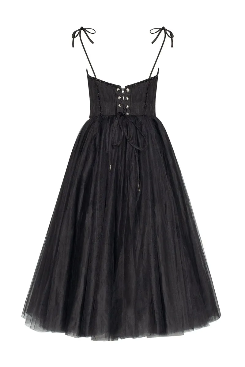 Sidney Tie-Strap Graceful Tulle Midi Dress
