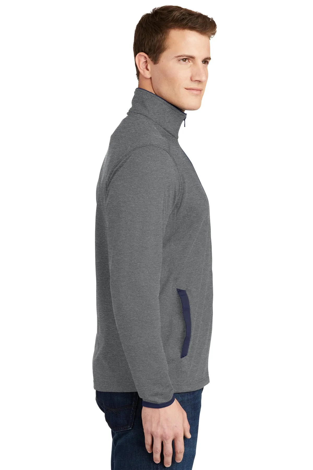 Sport-Tek Sport-Wick Stretch Contrast Branded Full-Zip Jackets, Charcoal Grey Heather/ True Navy