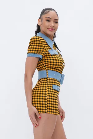 Stylish Button-Up Plaid Print Denim Romper