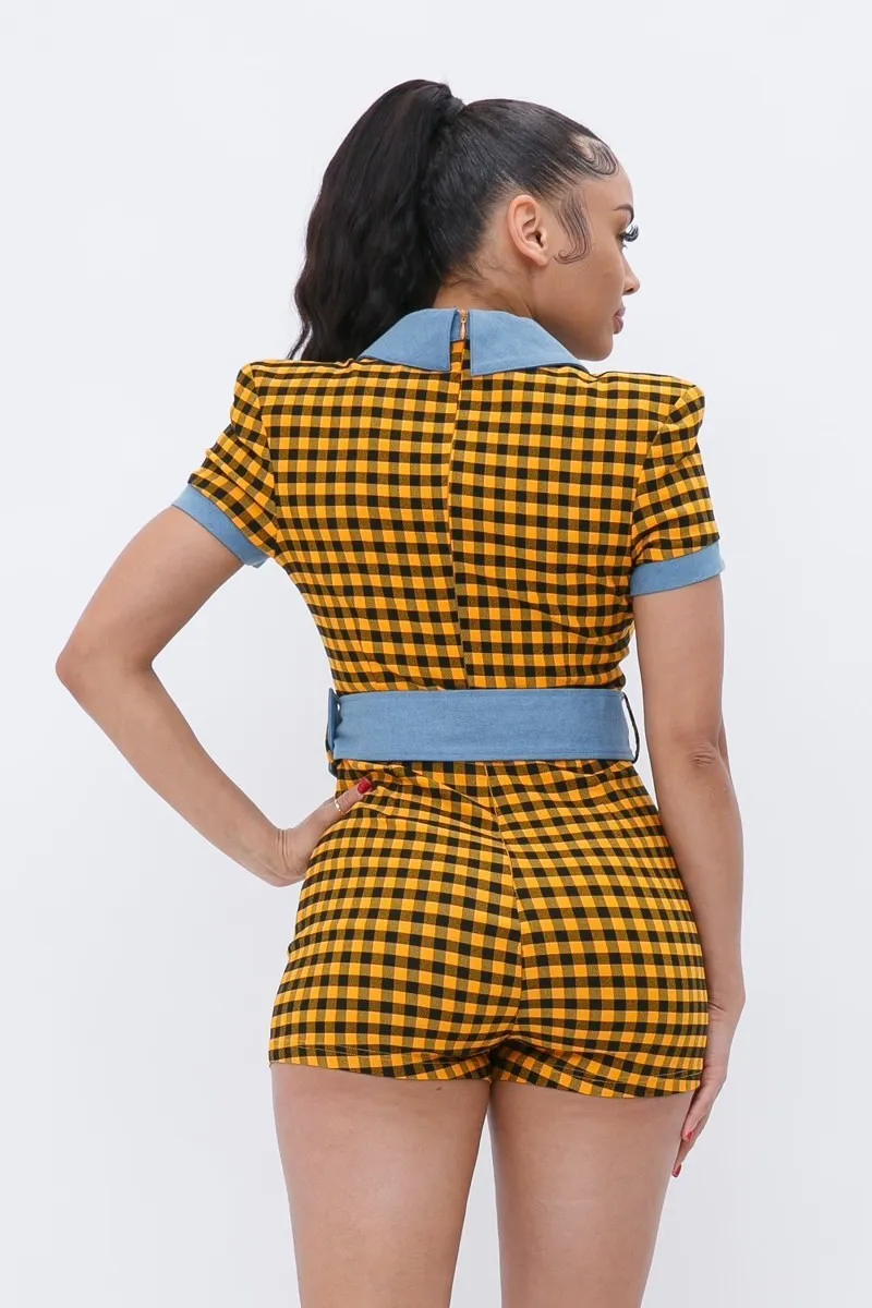 Stylish Button-Up Plaid Print Denim Romper
