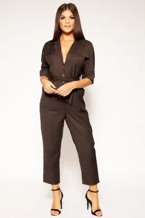 Talliah - Black Belted Three Quarter Length Sleeve Jumpsuit