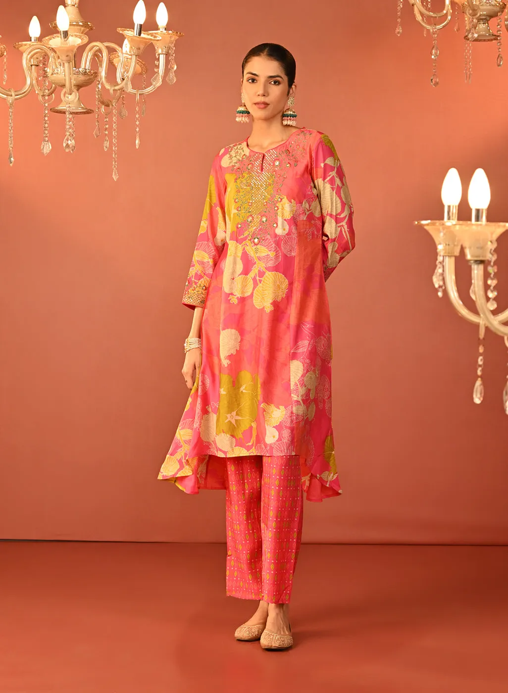 Tarana Fuchsia Pink Printed Chanderi Kurta Set for Women