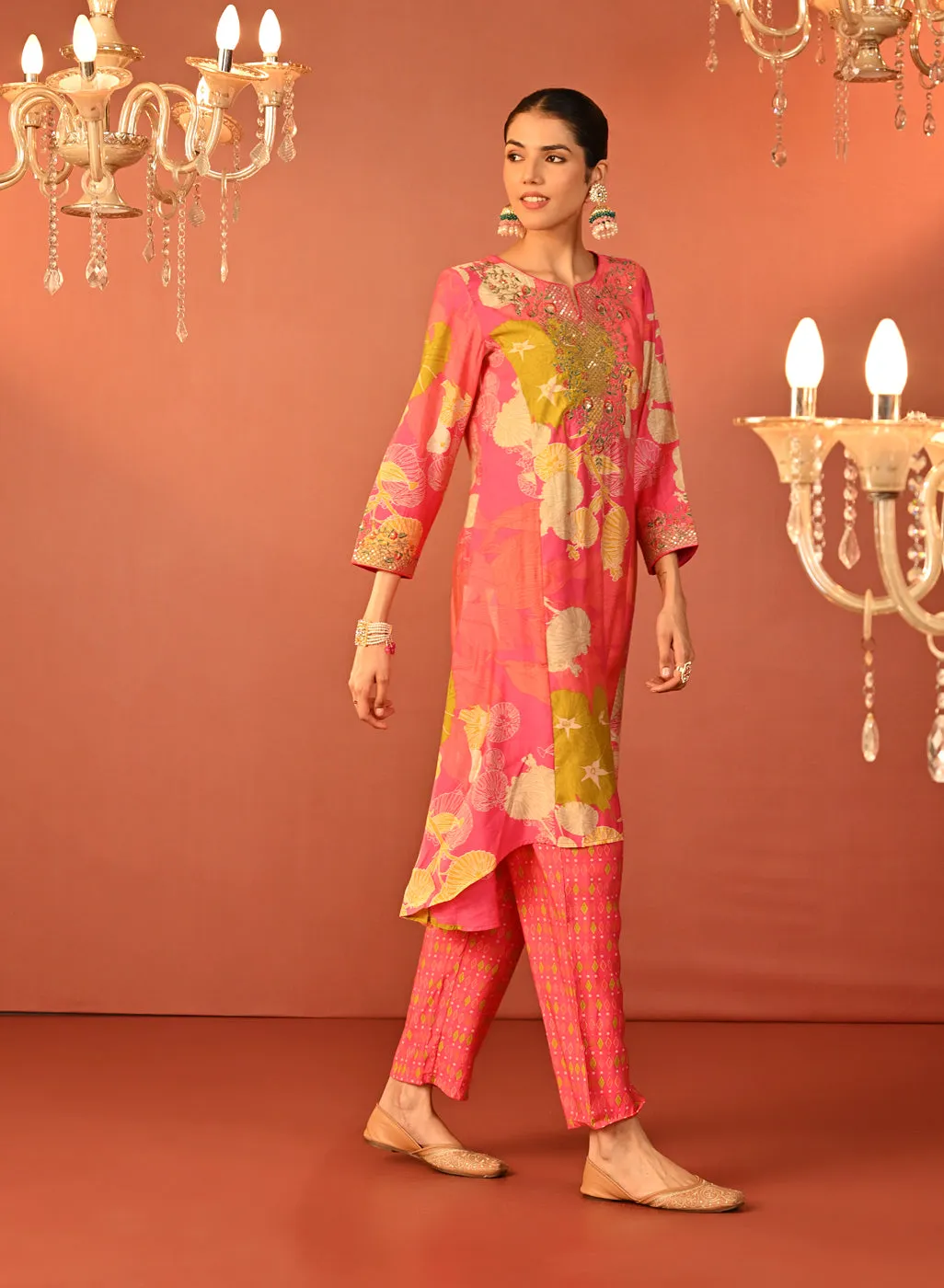 Tarana Fuchsia Pink Printed Chanderi Kurta Set for Women