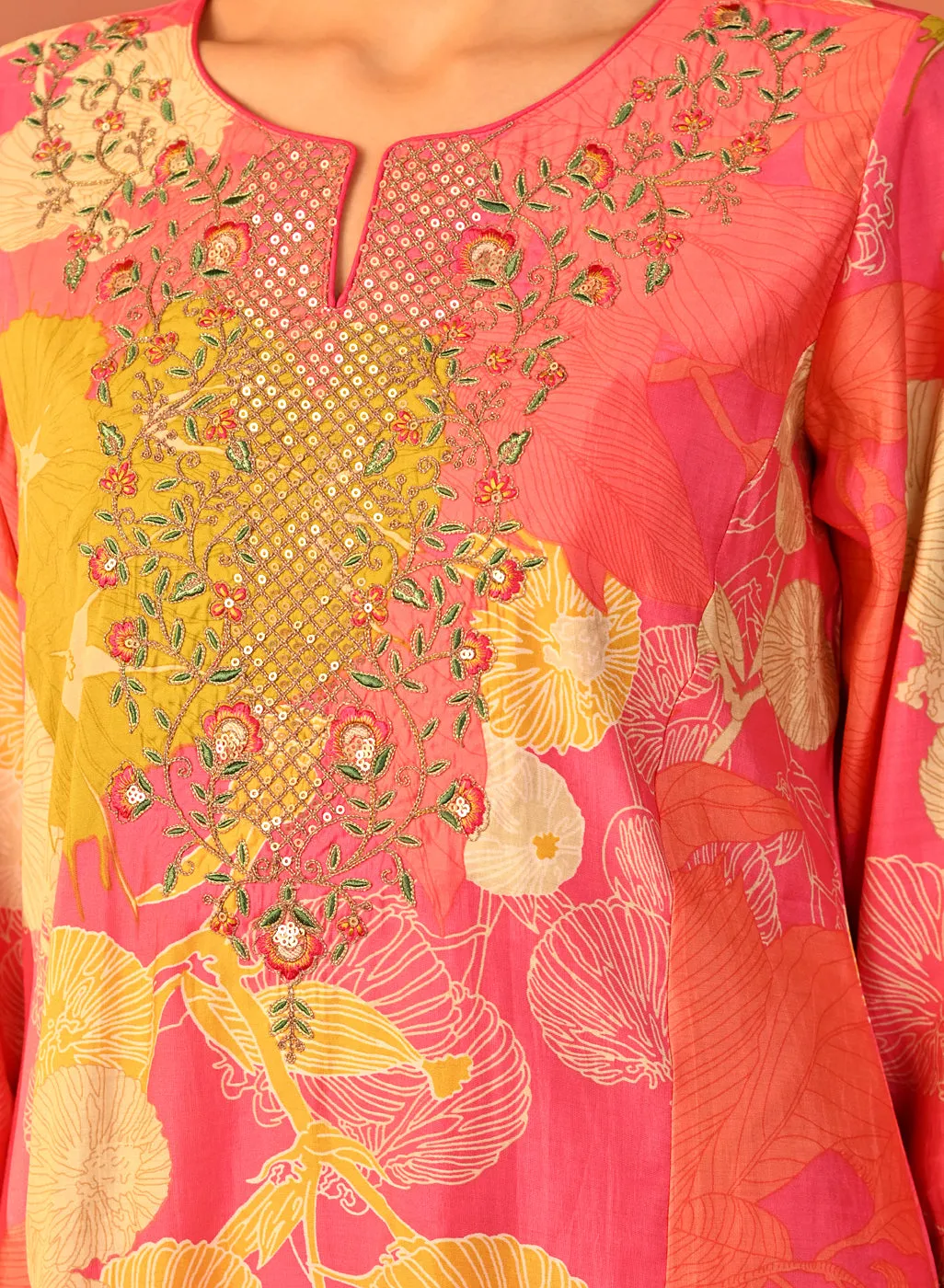 Tarana Fuchsia Pink Printed Chanderi Kurta Set for Women