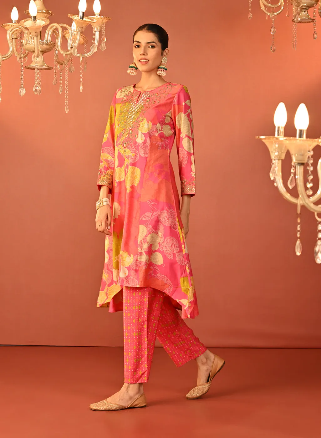 Tarana Fuchsia Pink Printed Chanderi Kurta Set for Women