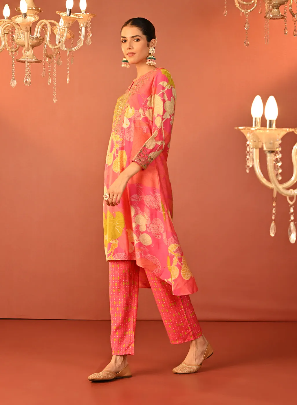 Tarana Fuchsia Pink Printed Chanderi Kurta Set for Women