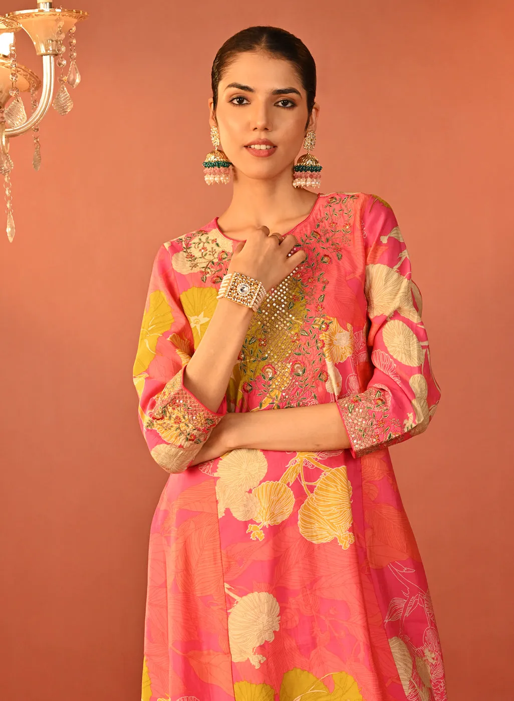 Tarana Fuchsia Pink Printed Chanderi Kurta Set for Women