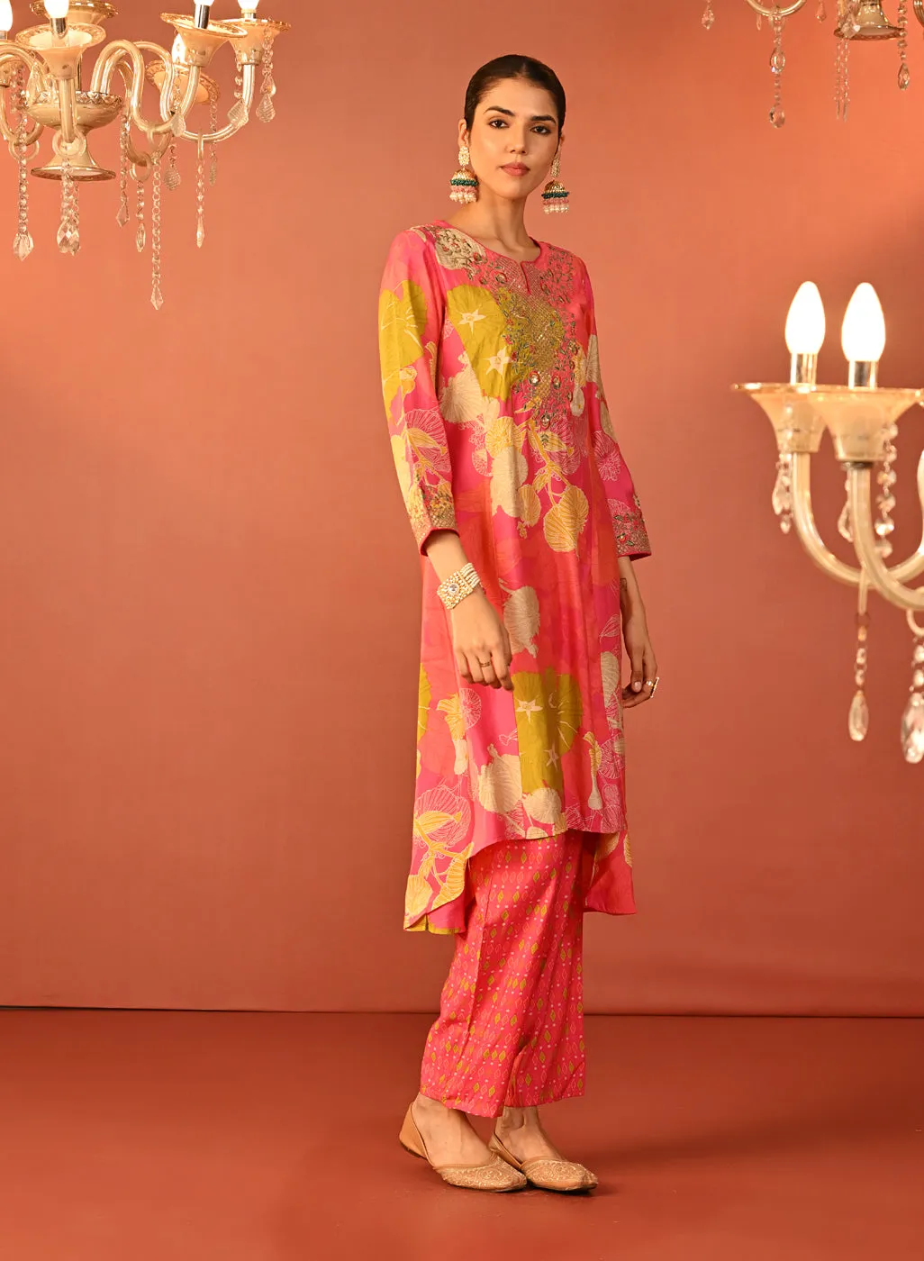 Tarana Fuchsia Pink Printed Chanderi Kurta Set for Women