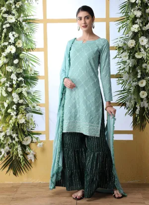 Teal Blue And Green Embroidered Palazzo Style Suit