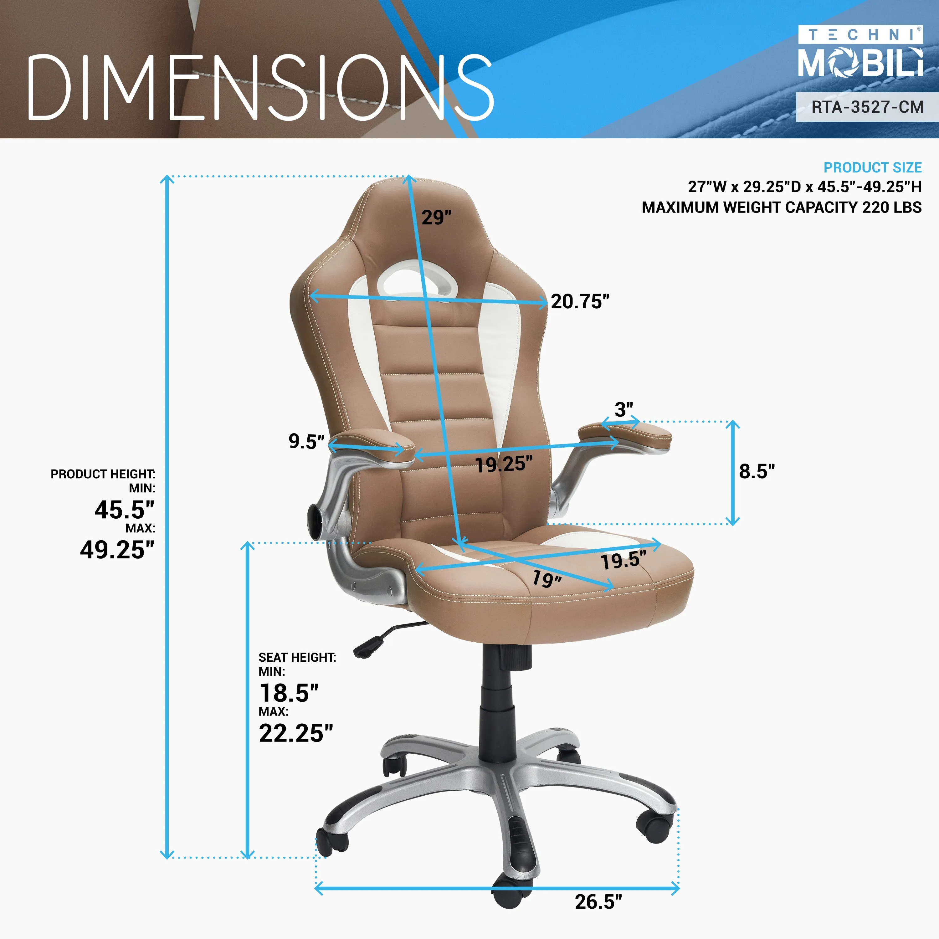 Techni Mobili High Back Executive Sport Race Office Chair with Flip-Up Arms - Camel PU Leather