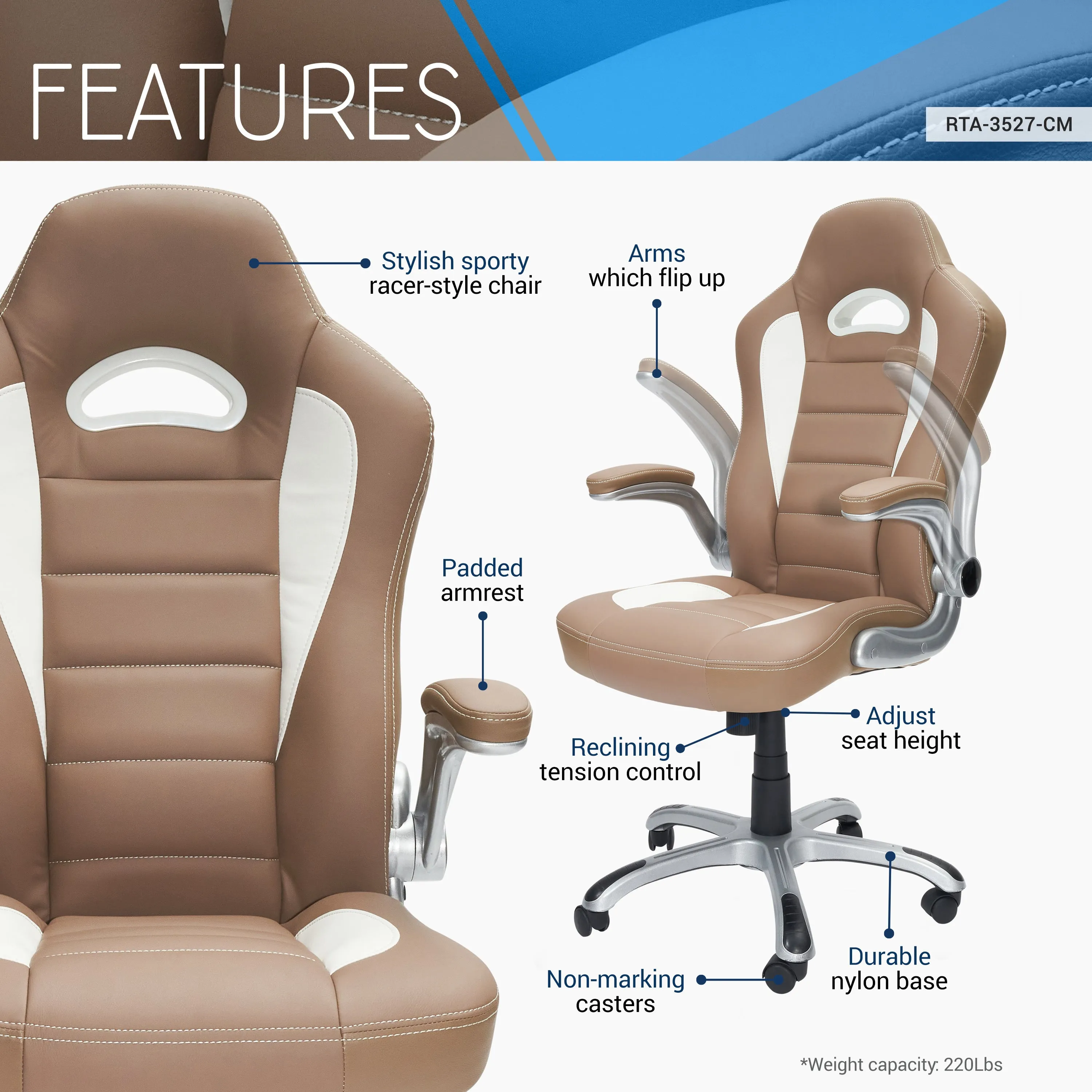 Techni Mobili High Back Executive Sport Race Office Chair with Flip-Up Arms - Camel PU Leather