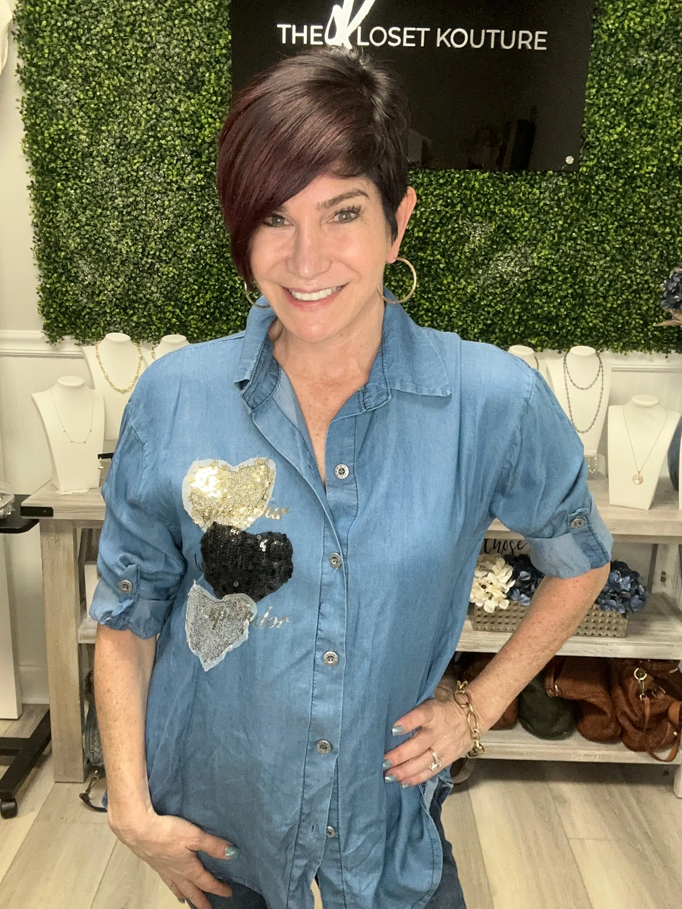 Triple Heart Denim Button Down