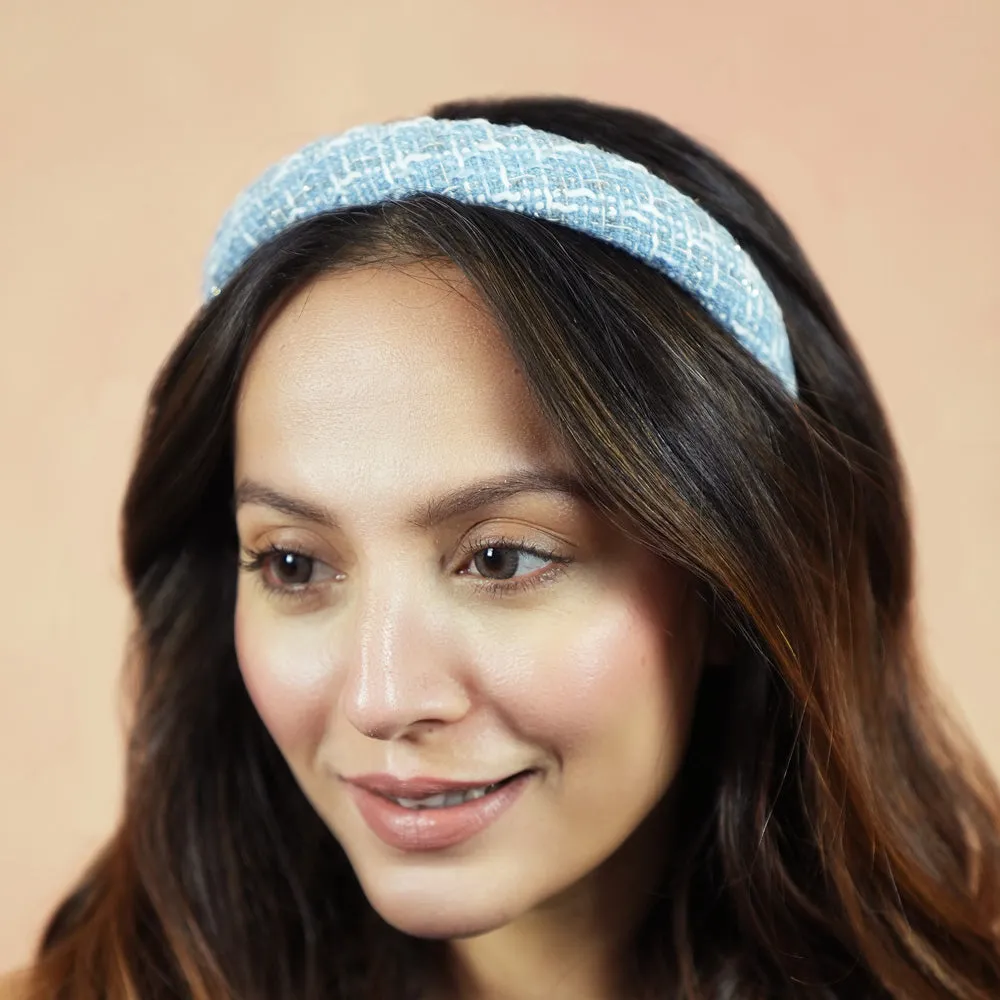 Tweed Puff Hair Band - Blue & White