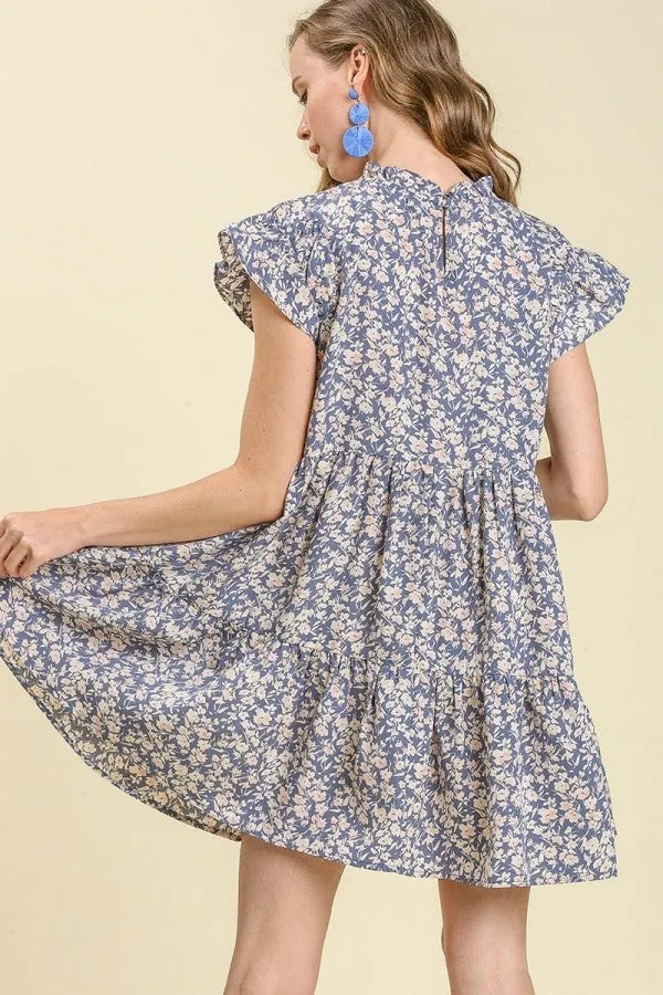 Umgee Floral Print Dress with Ruffled Sleeves in Denim