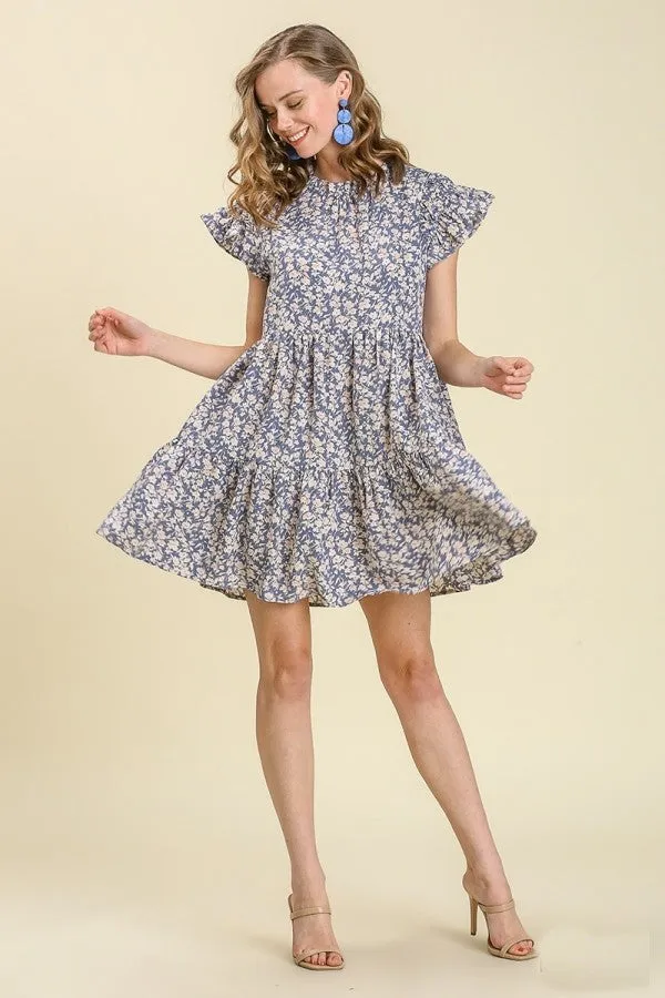 Umgee Floral Print Dress with Ruffled Sleeves in Denim