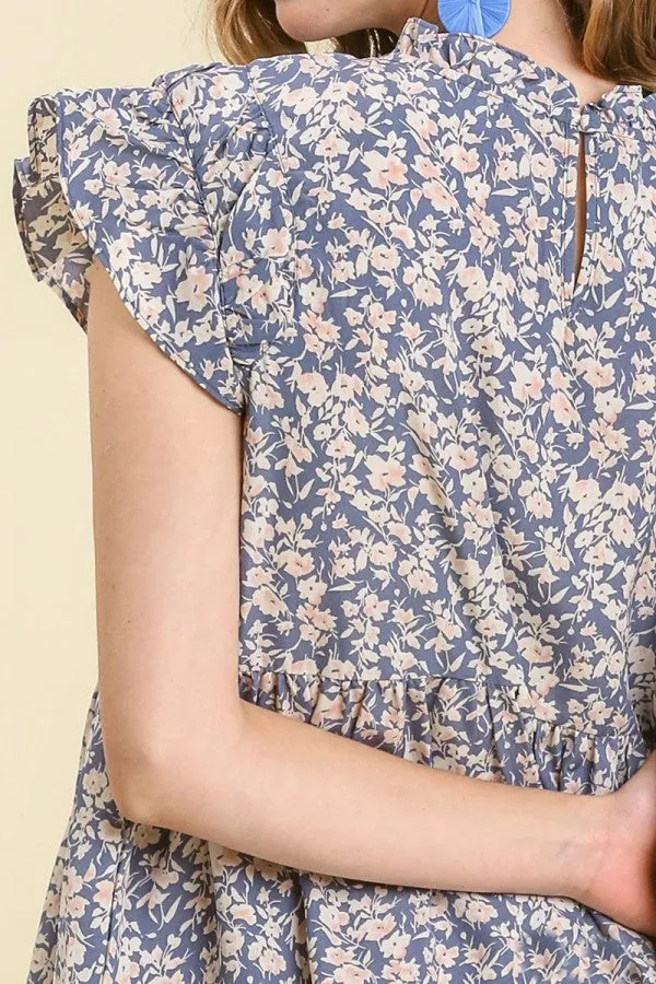 Umgee Floral Print Dress with Ruffled Sleeves in Denim