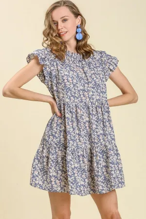 Umgee Floral Print Dress with Ruffled Sleeves in Denim