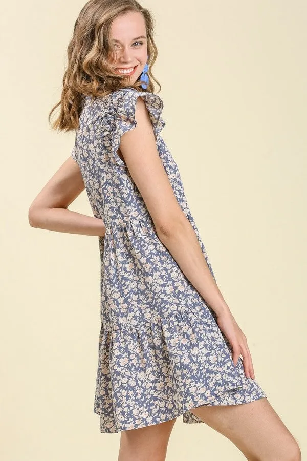 Umgee Floral Print Dress with Ruffled Sleeves in Denim