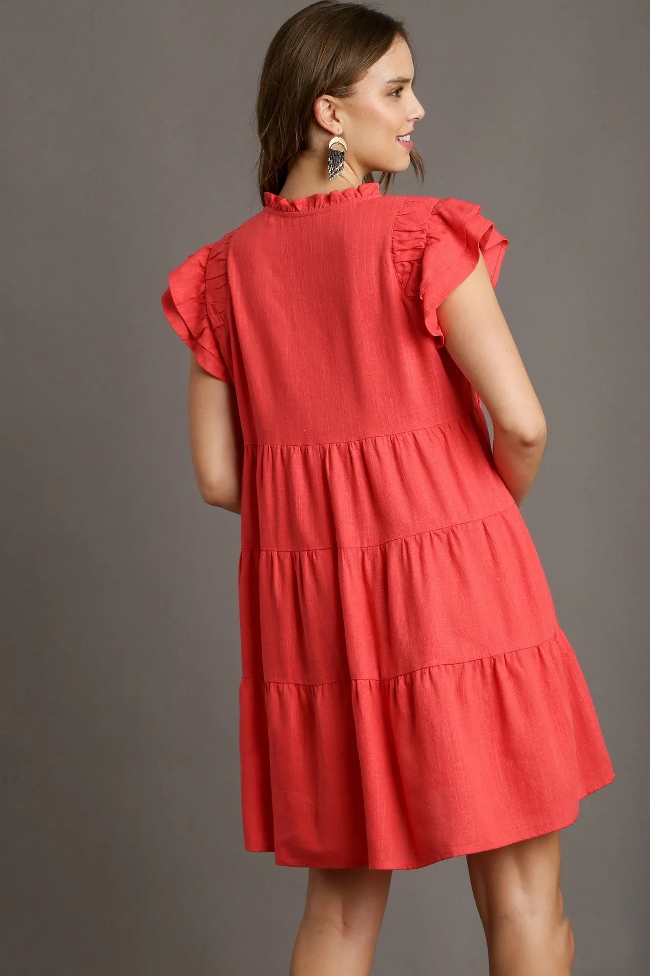 Umgee Linen A-Line Dress in Coral