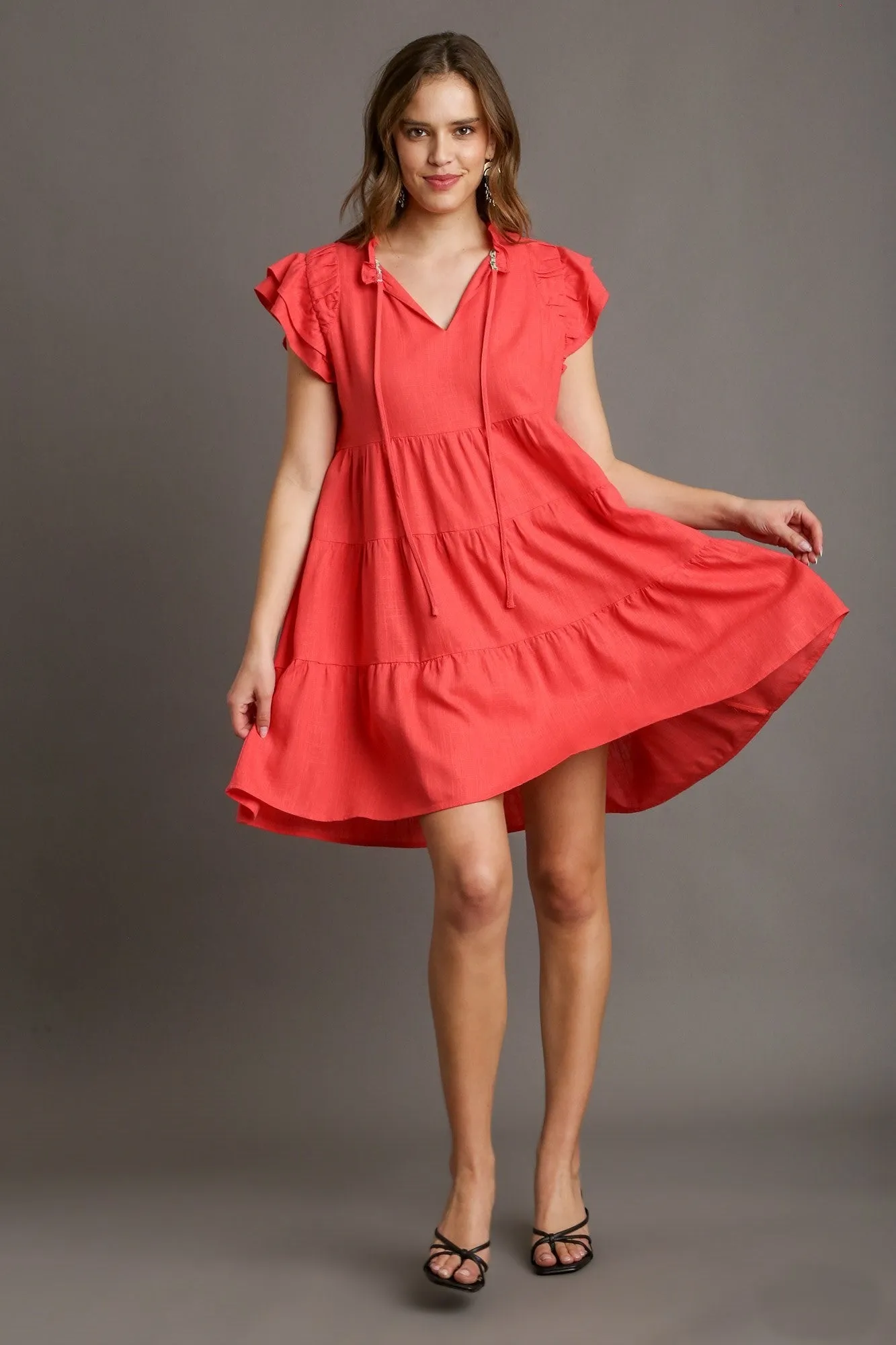 Umgee Linen A-Line Dress in Coral