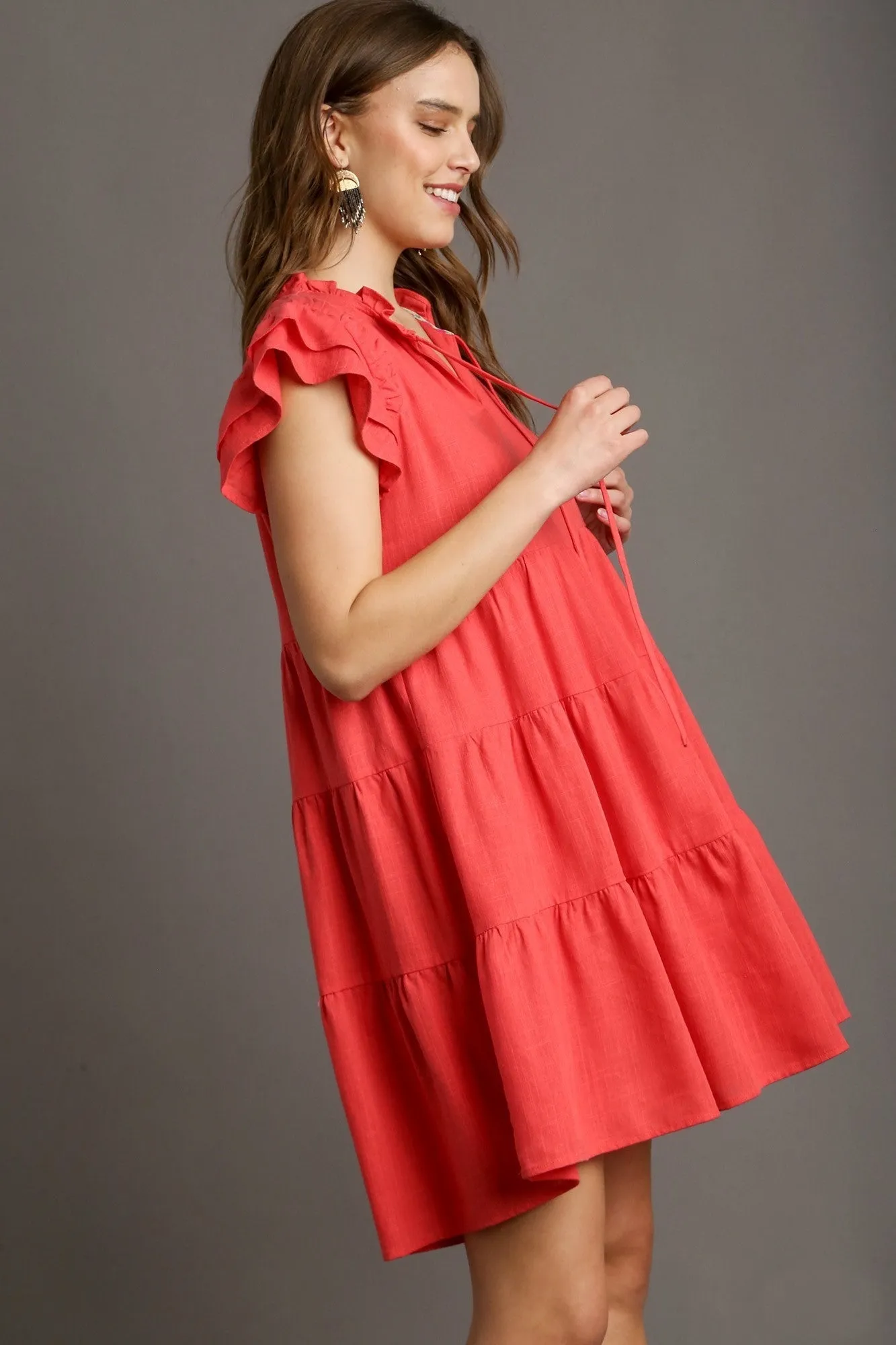 Umgee Linen A-Line Dress in Coral