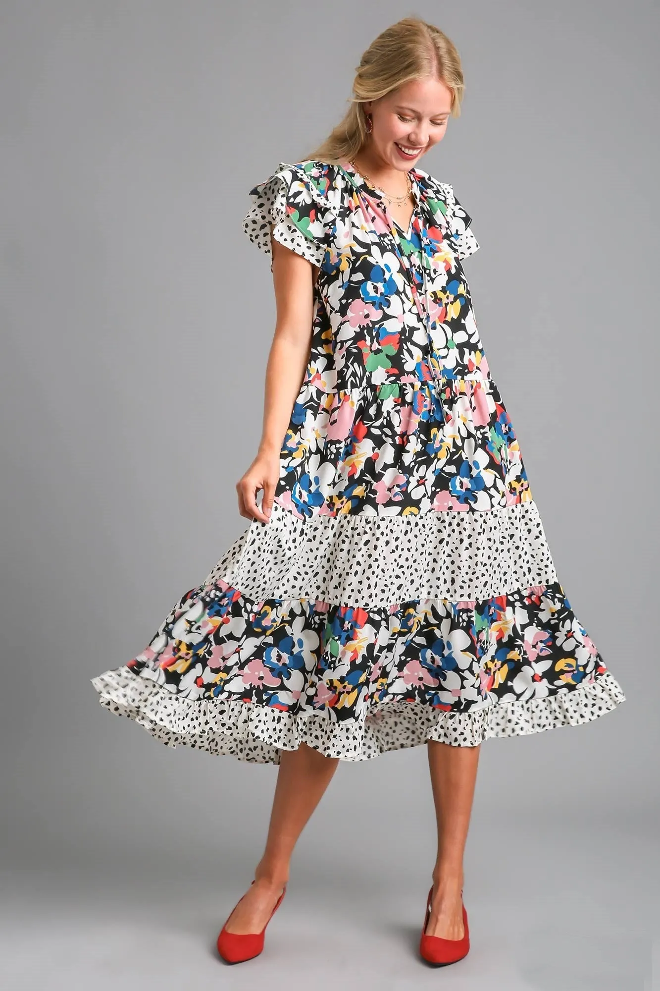 Umgee Mixed Print Midi Dress in Black