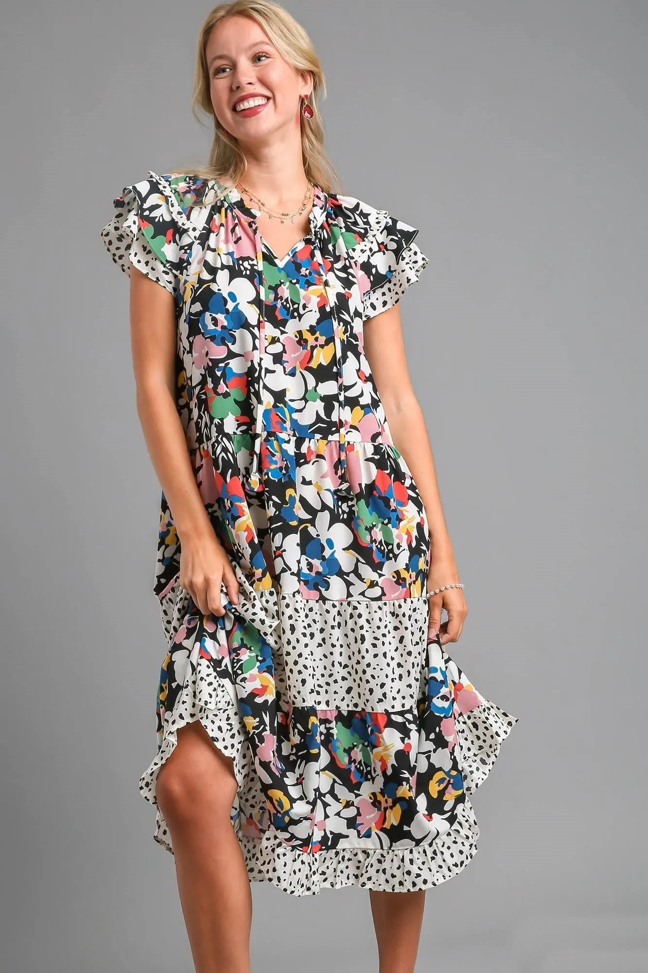 Umgee Mixed Print Midi Dress in Black