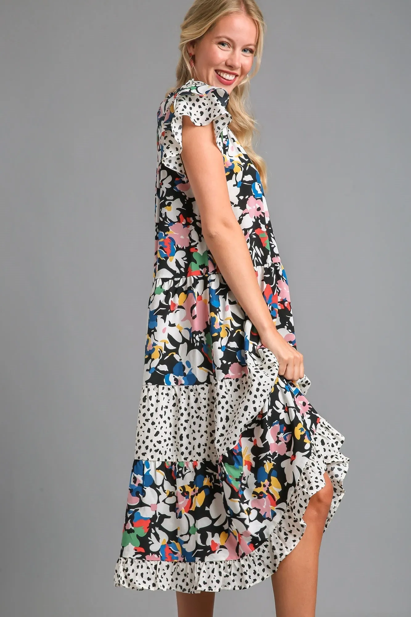 Umgee Mixed Print Midi Dress in Black