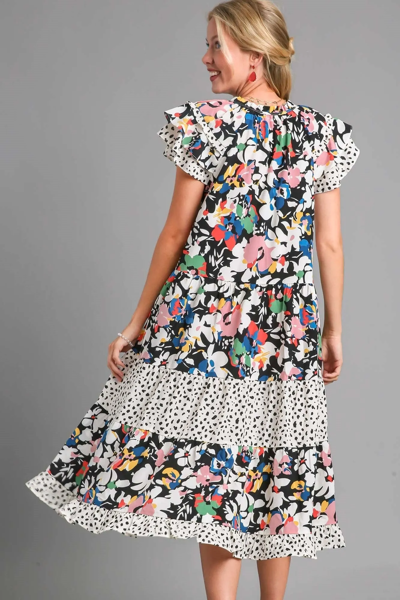 Umgee Mixed Print Midi Dress in Black