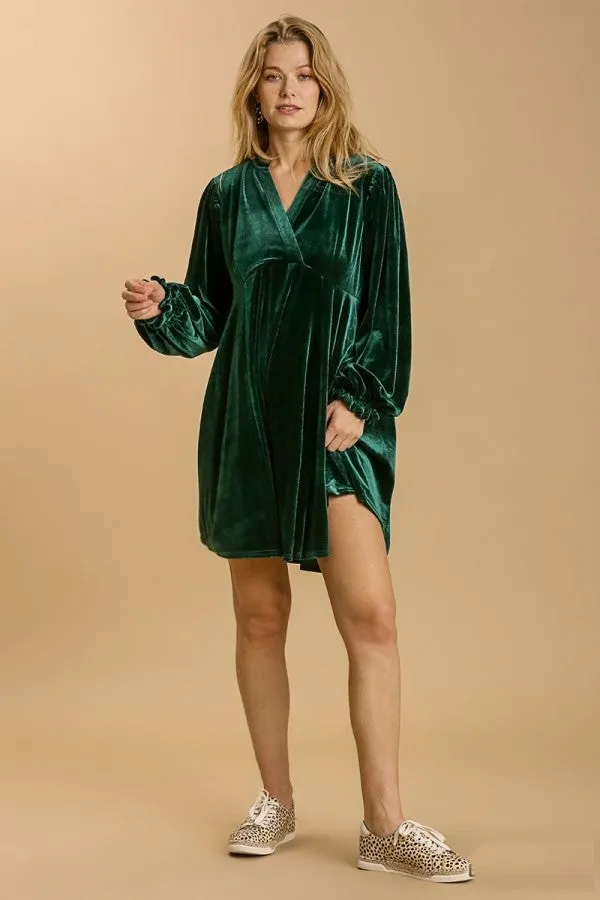 Umgee Velvet Dress with Puff Sleeves and Split Neckline in Evergreen