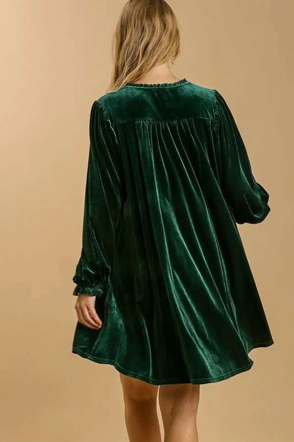 Umgee Velvet Dress with Puff Sleeves and Split Neckline in Evergreen