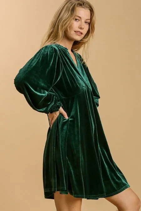 Umgee Velvet Dress with Puff Sleeves and Split Neckline in Evergreen
