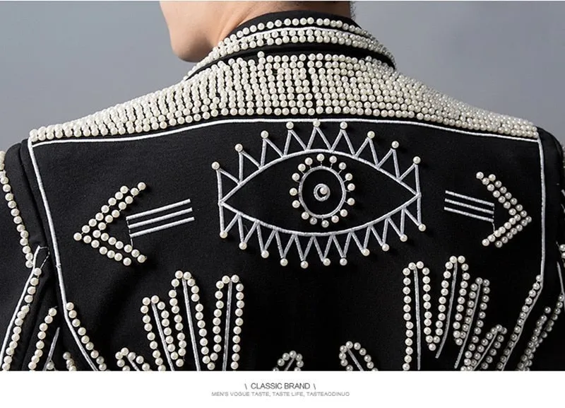 Unique Tribal Art Pattern Sequin Men Black Blazer