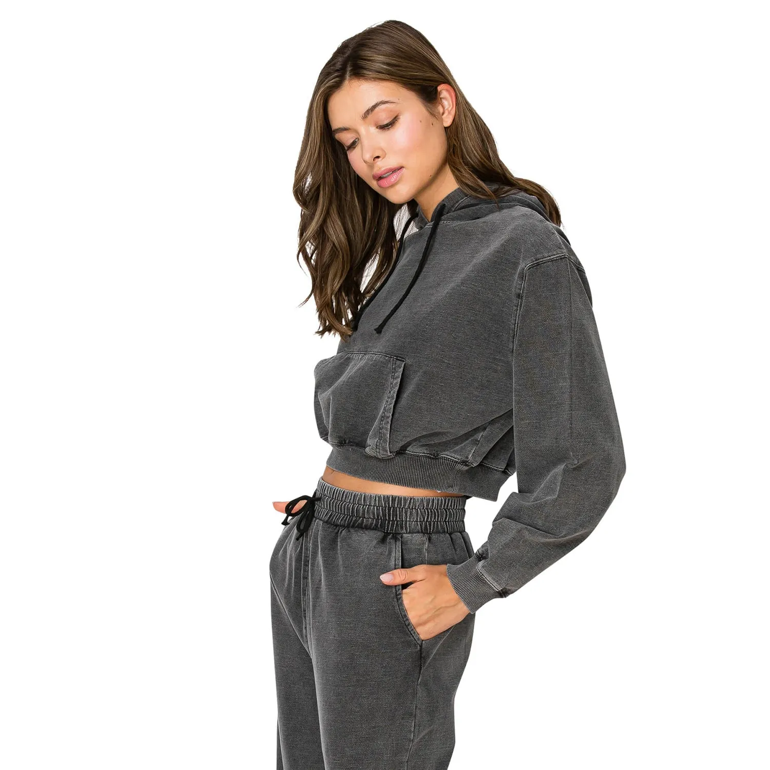 Vintage Denim Wash Cropped Hoodie - Black
