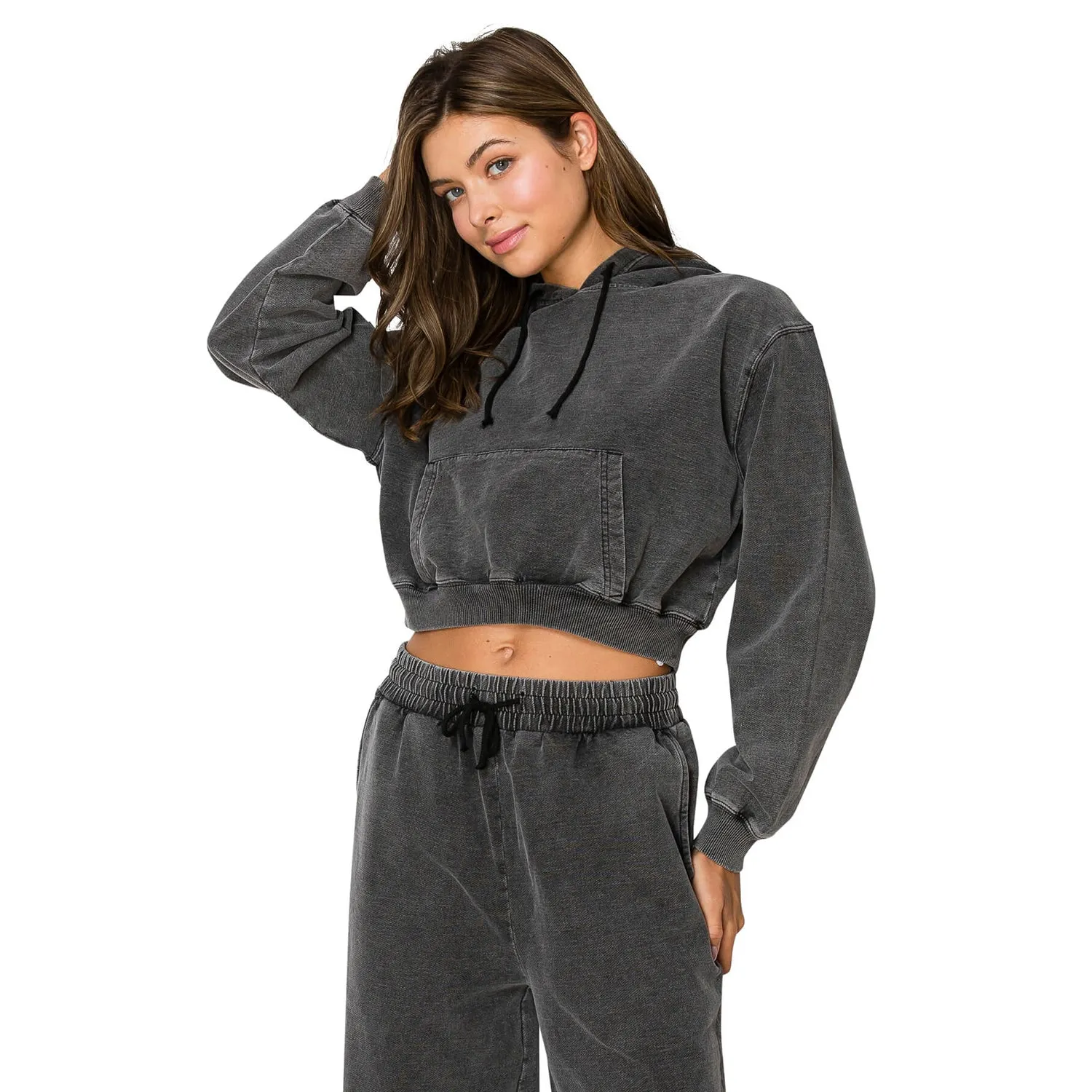 Vintage Denim Wash Cropped Hoodie - Black