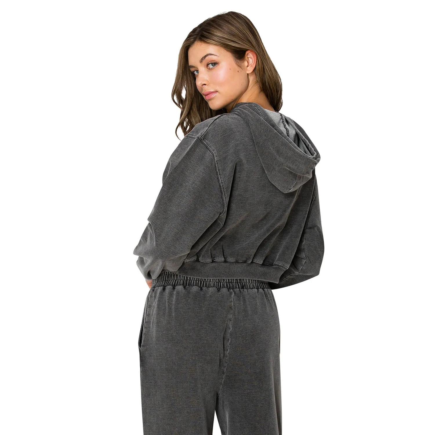 Vintage Denim Wash Cropped Hoodie - Black