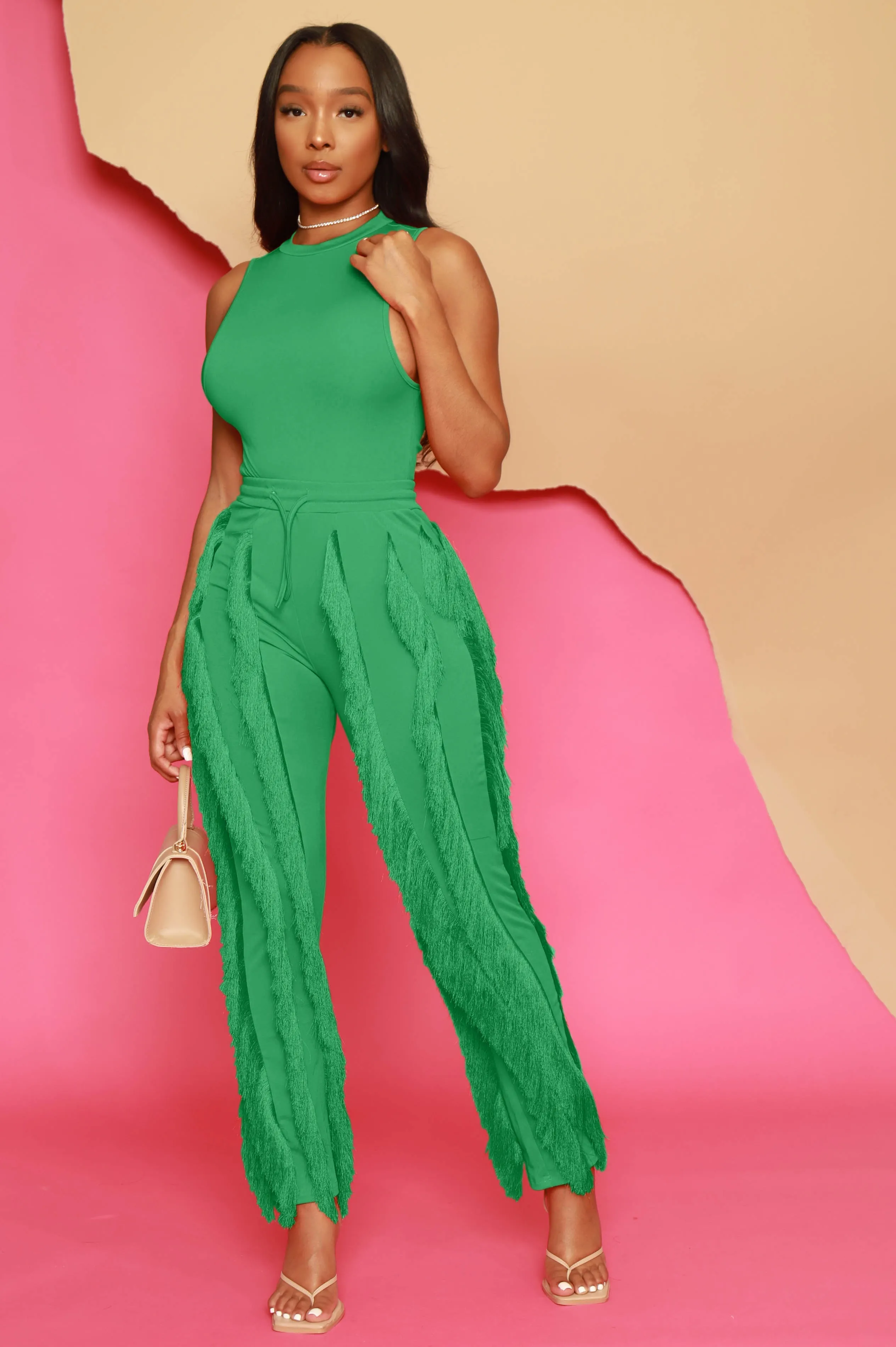 Weightless Sleeveless Fringe Pants Set - Kelly Green
