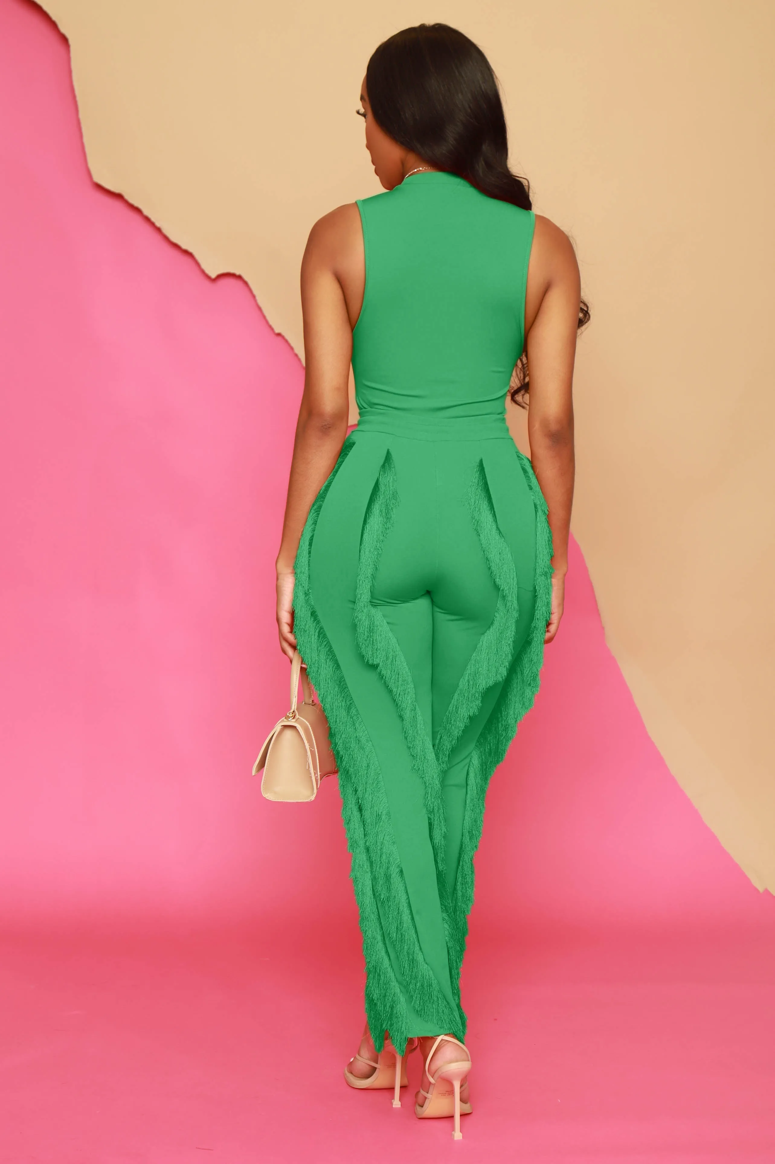 Weightless Sleeveless Fringe Pants Set - Kelly Green