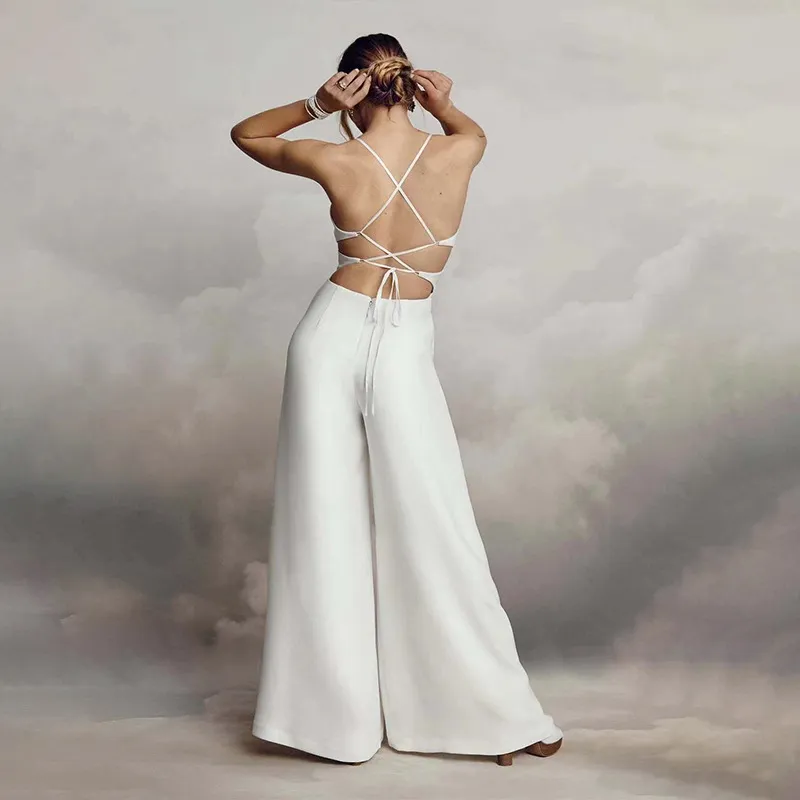 White V-Neck Sleeveless Backless A-Line Bridal Jumpsuits