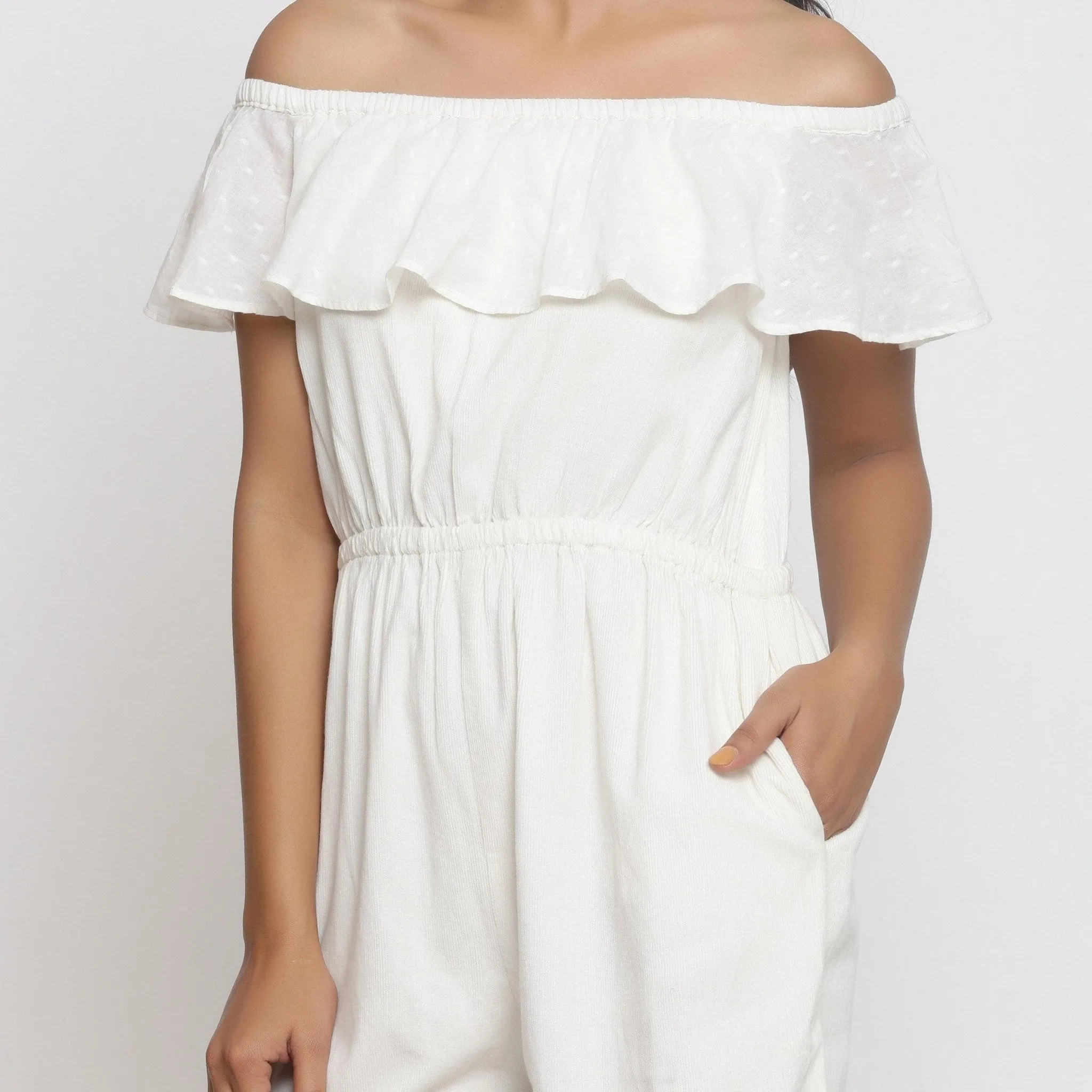White Warm Cotton Corduroy Frilled Ankle Length Jumpsuit