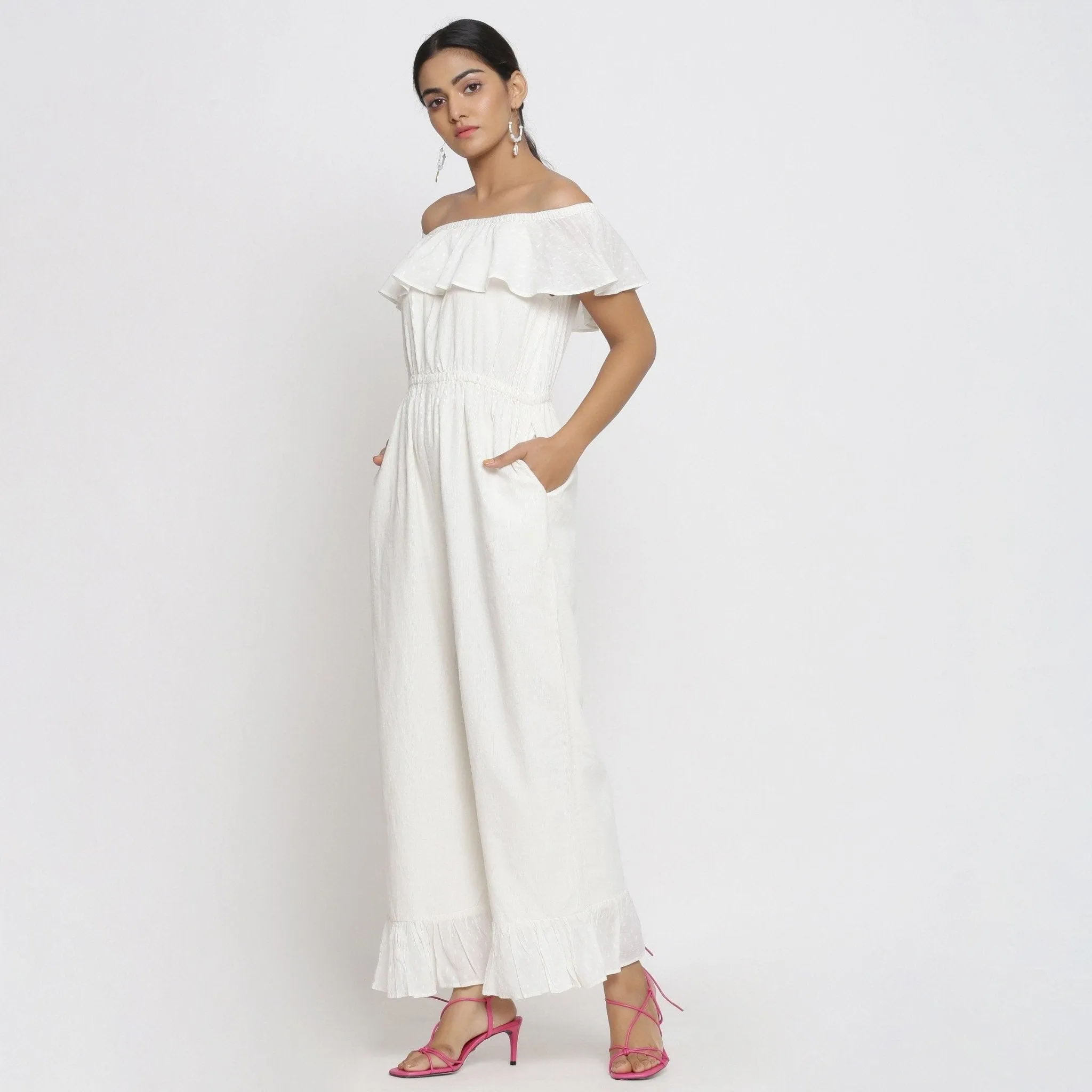White Warm Cotton Corduroy Frilled Ankle Length Jumpsuit
