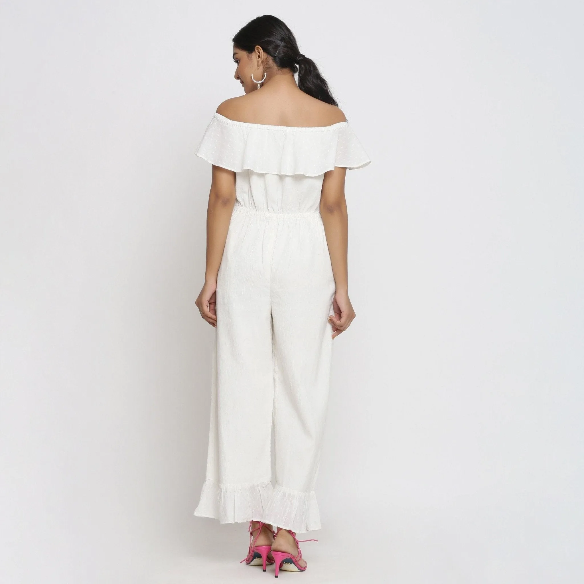 White Warm Cotton Corduroy Frilled Ankle Length Jumpsuit