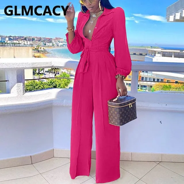 Women Long Sleeve Turn Down Collar Jumpsuits Chic Solid Regular Button Detail Shirt Jumpsuits